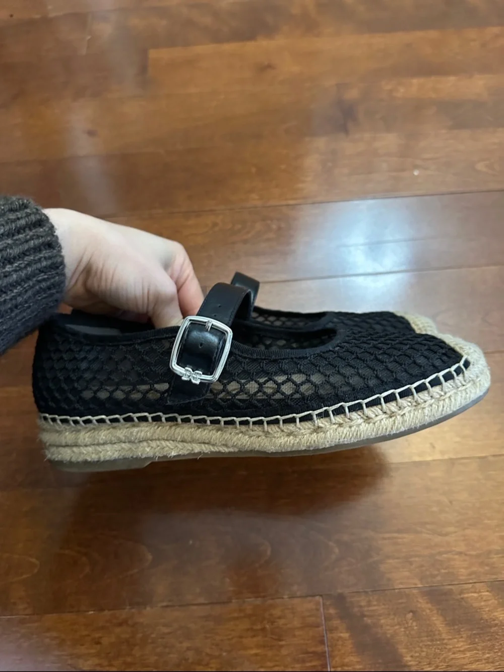 Sam Edelman Black Mesh Mary Jane Espadrille Flats with Natural Jute Trim
